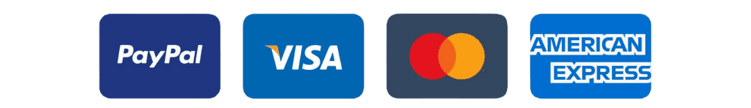 Payment methods accepted: PayPal, Visa, Mastercard, and American Express.