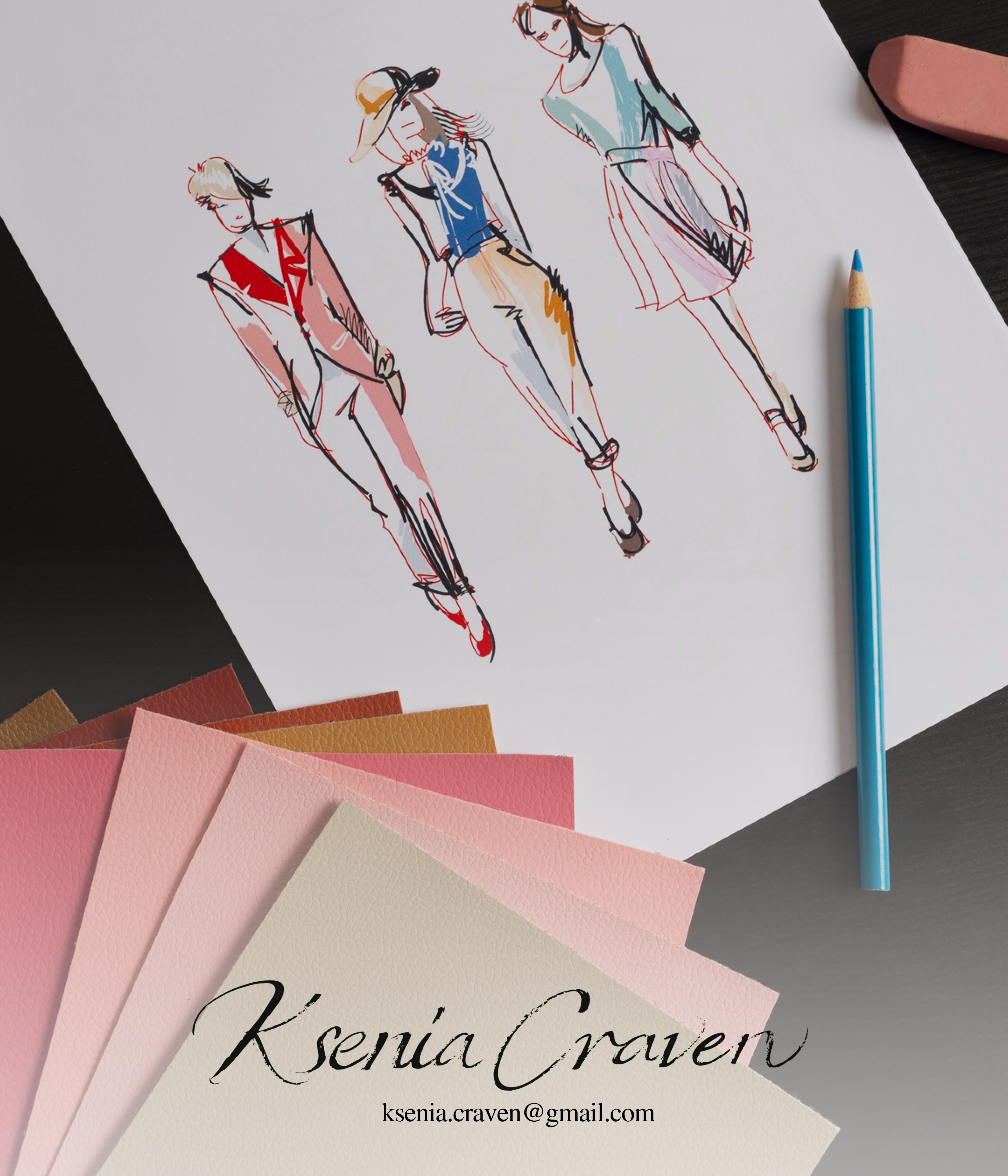 Three stylized hand-drawn fashion illustrations on paper with leather swatches and a blue pencil.