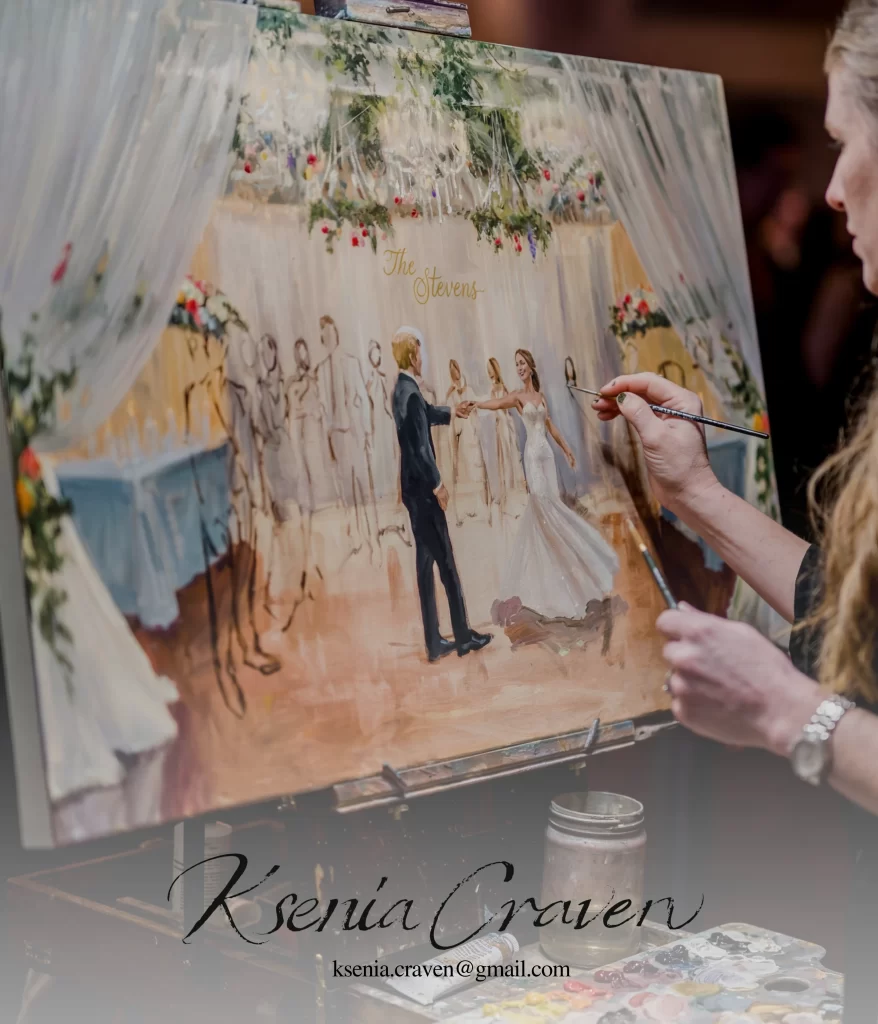Live wedding painter Ksenia Craven adding details to a custom canvas painting of a bride and groom’s first dance.