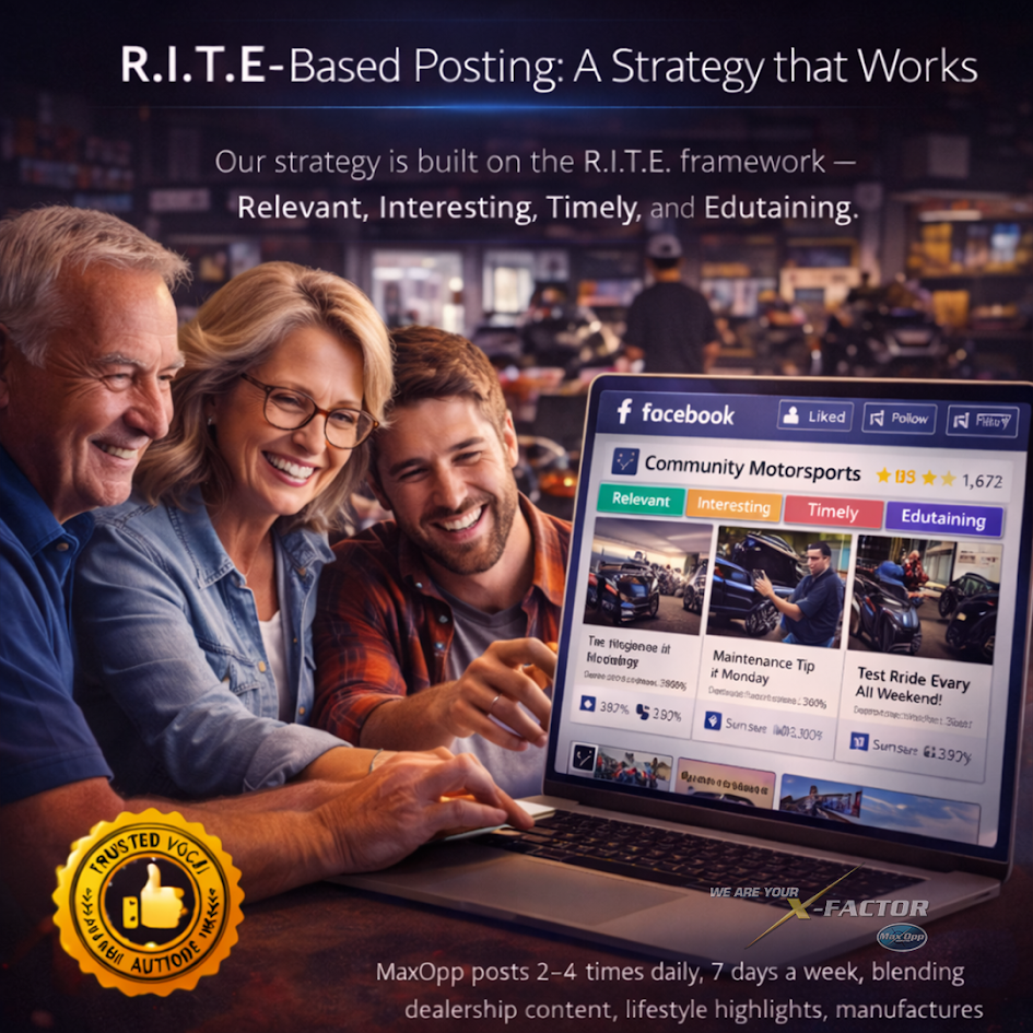 Facebook organic posting strategy graphic showing relevant, interesting, timely, and edutaining dealership content engaging local audiences