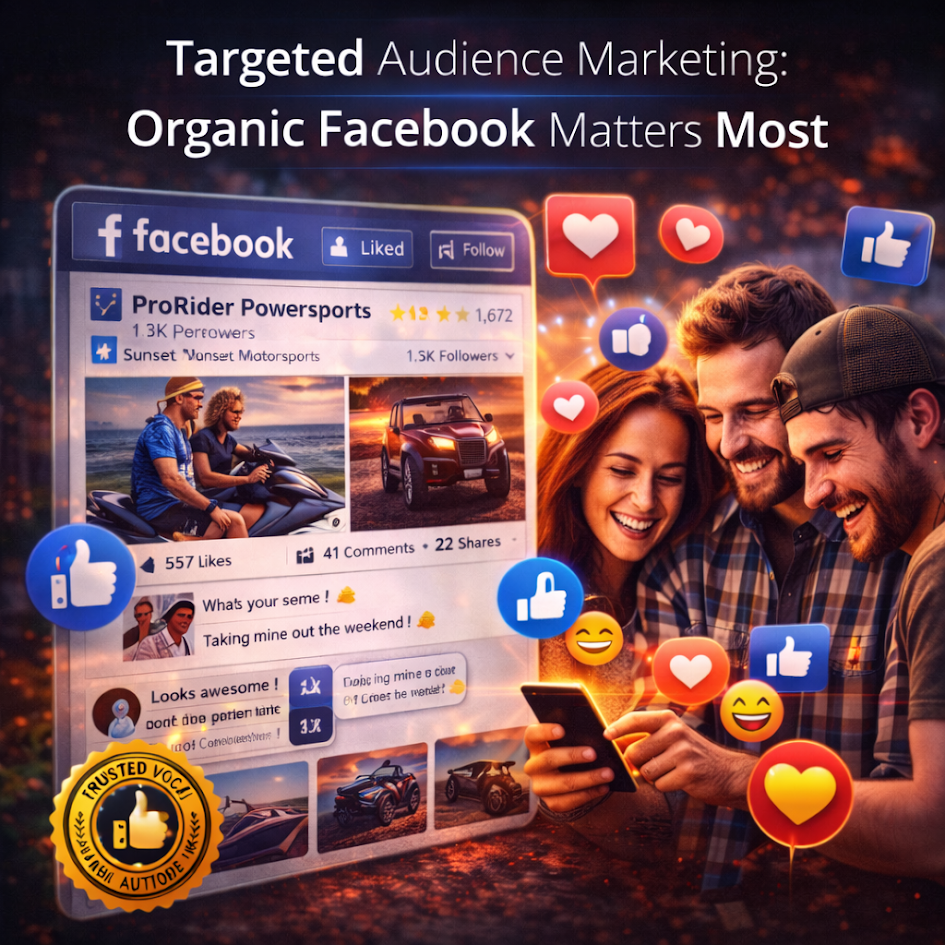 Facebook organic marketing image showing a dealership building trust and community through engaging social posts and interactions