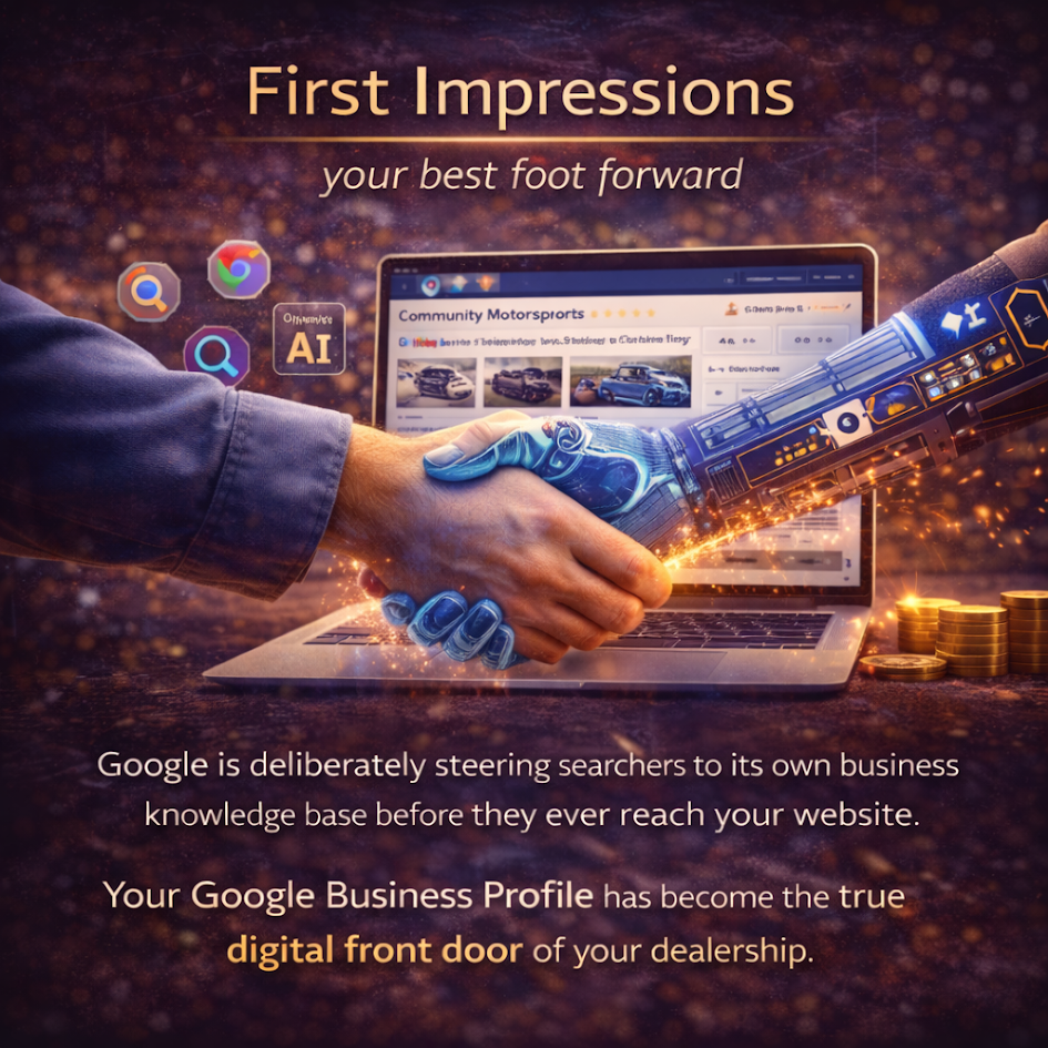 Google Business Profile first impression graphic showing a dealership’s GBP as the digital front door before customers visit the website