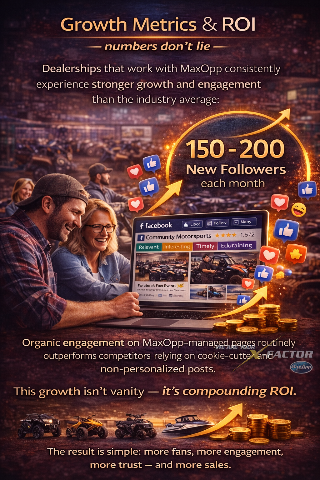 Facebook organic growth metrics graphic showing monthly follower gains and higher engagement for MaxOpp-managed dealership pages