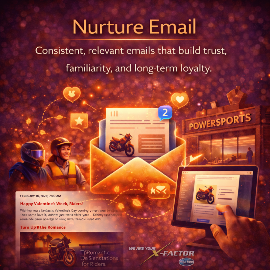 Smart Email nurture and retention image showing consistent bi-weekly email communication that builds dealership trust and lifetime customer value