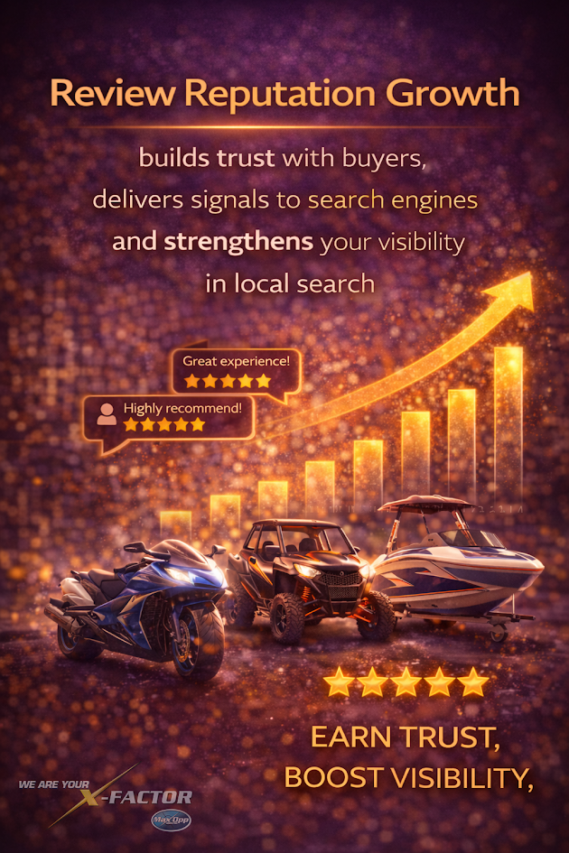 Review and reputation management image showing recent positive Google reviews building buyer confidence and reducing risk for dealership customers