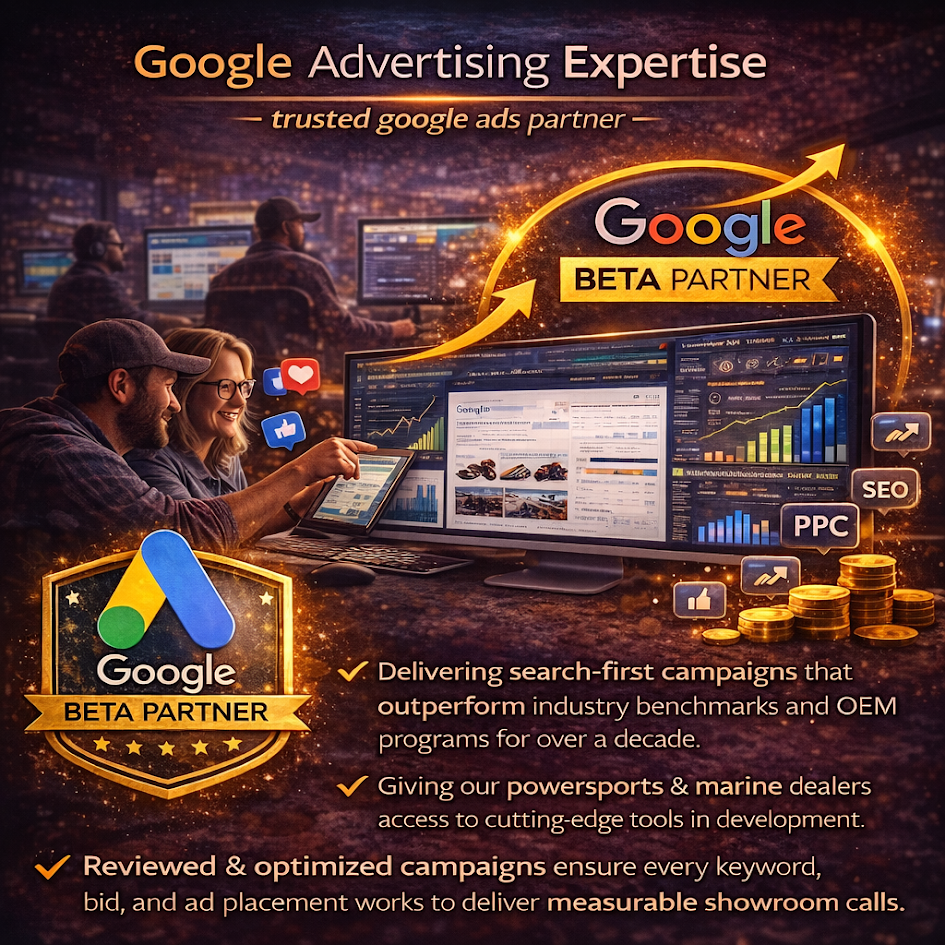 Google Ads expertise image showing proactive PPC optimization for powersports and marine dealerships to drive calls and high-quality leads