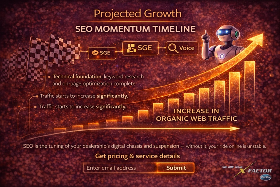 SEO momentum timeline image showing projected growth and increasing organic traffic after technical and on-page optimization