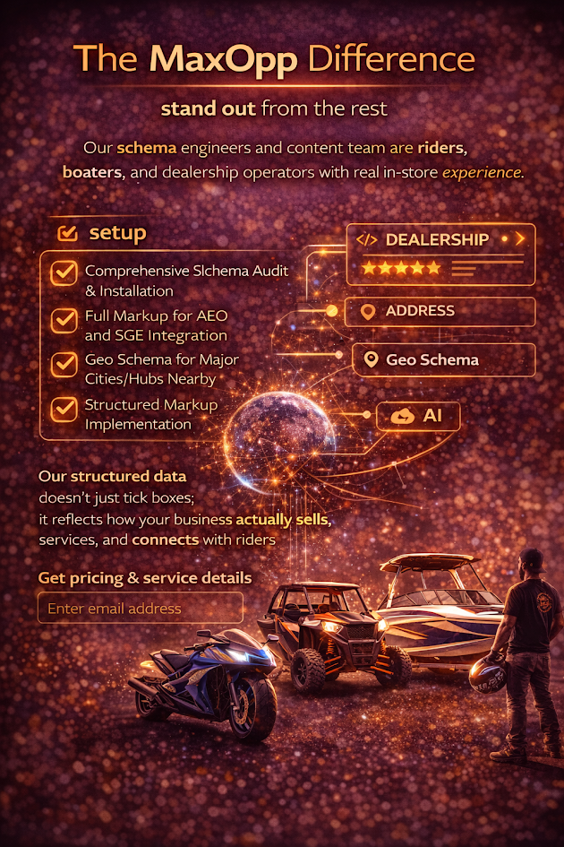 Schema authority image highlighting the MaxOpp difference, with structured data built by riders, boaters, and dealership professionals