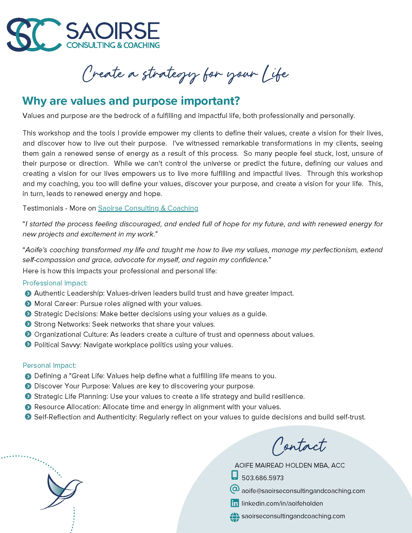 Saoirse Consulting and Coaching_Create a Life Strategy - Values and Purpose Workshop